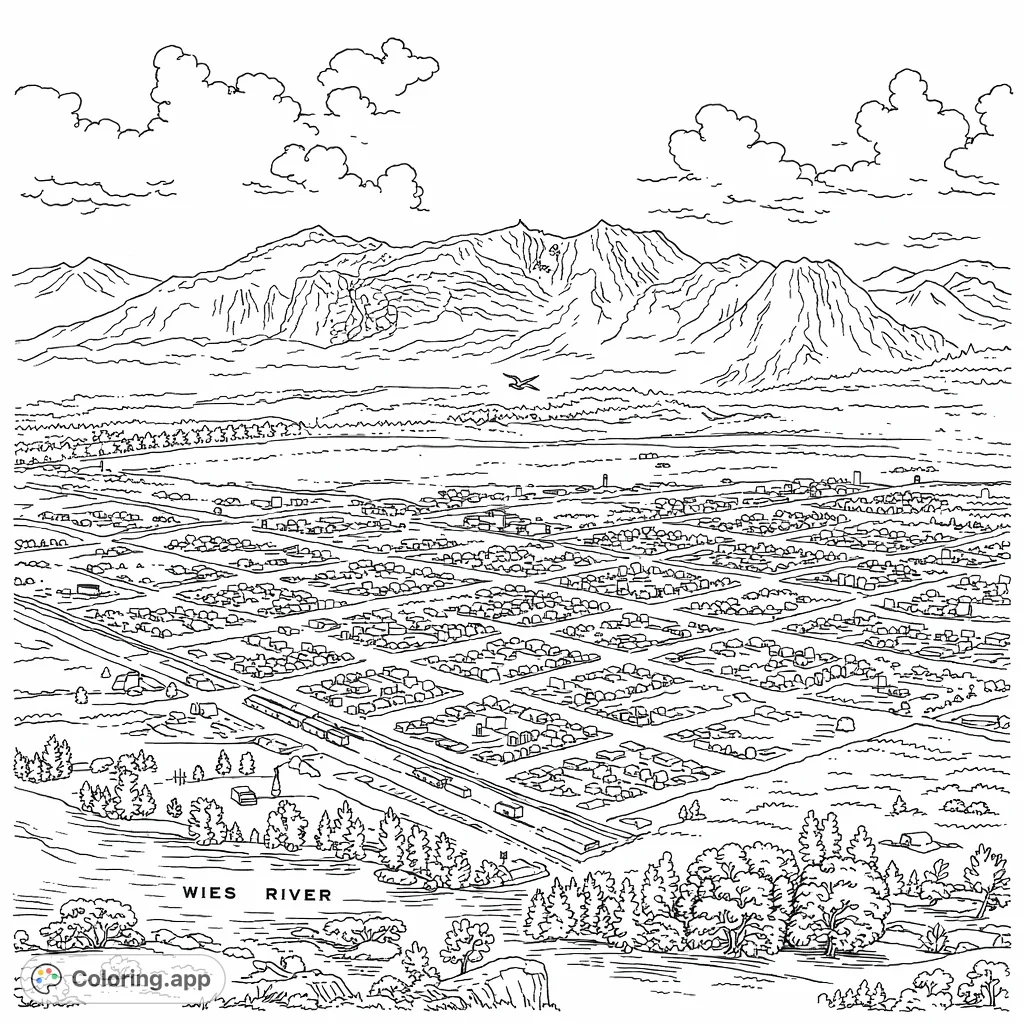 Explore a sprawling historic town nestled in a mountain valley, featuring a winding river, intricate city grid, and majestic peaks. Perfect for detailed coloring.