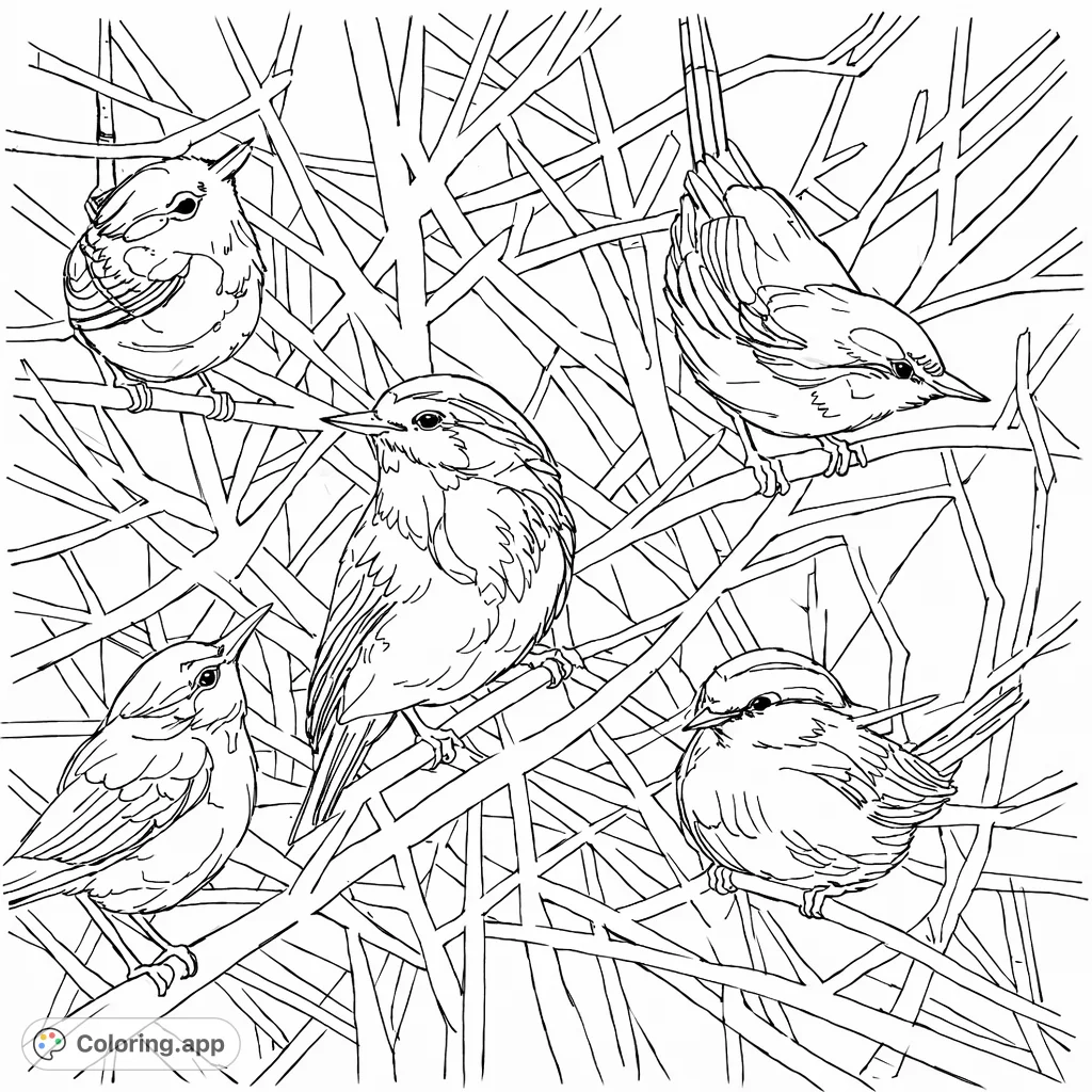 A charming bird coloring page featuring five small birds perched on an intricate network of tangled, leafless branches. Perfect for nature lovers.