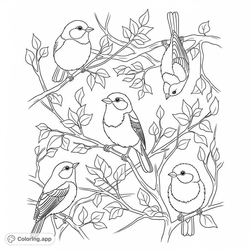 Explore a serene nature scene with five charming birds nestled among a complex, interwoven network of branches and leaves, offering a detailed coloring adventure.