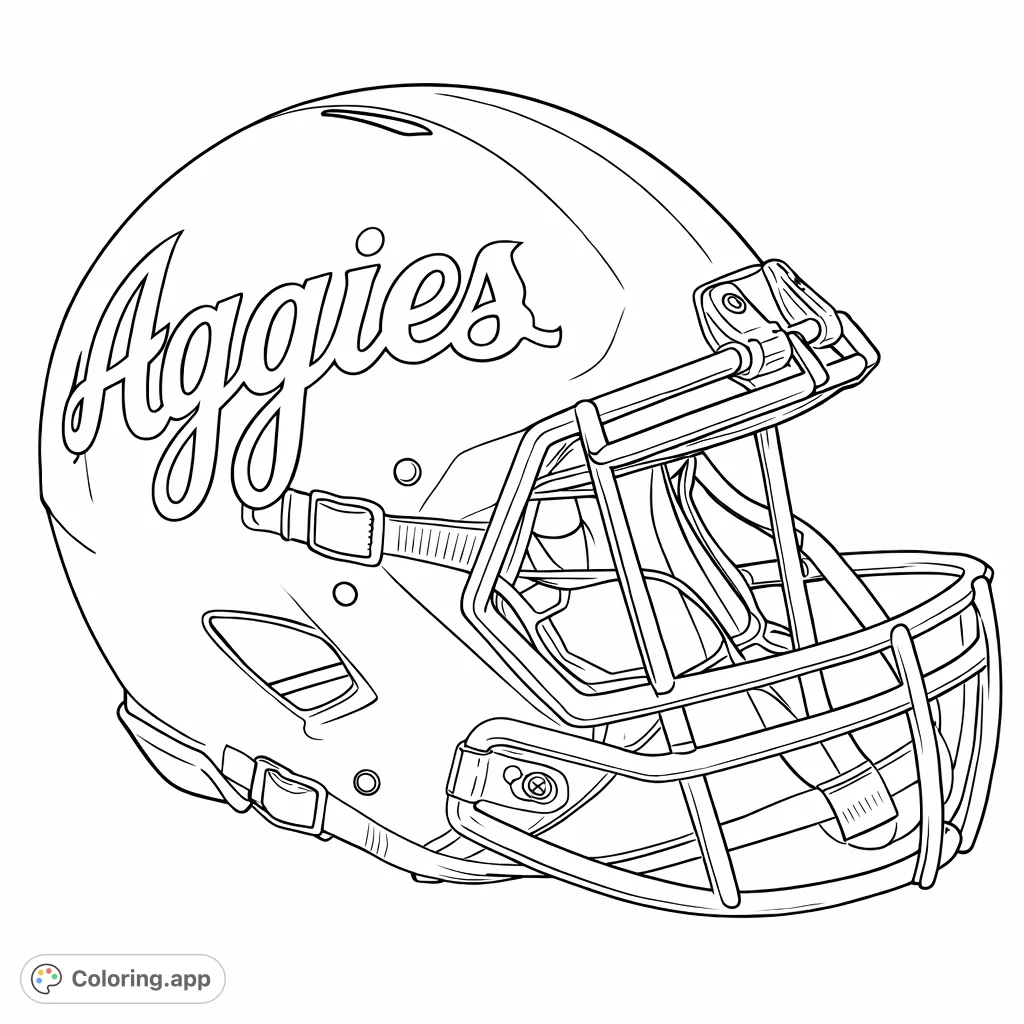 Color a detailed football helmet featuring the "Aggies" script, a complex face mask, and authentic hardware. Perfect for sports fans and aspiring artists.