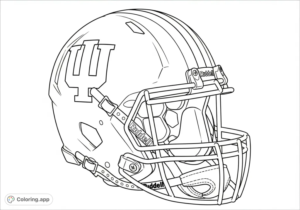 Color a detailed football helmet featuring bold stripes, an 'IU' logo, intricate facemask, and 'Riddell' chin strap, perfect for sports fans.