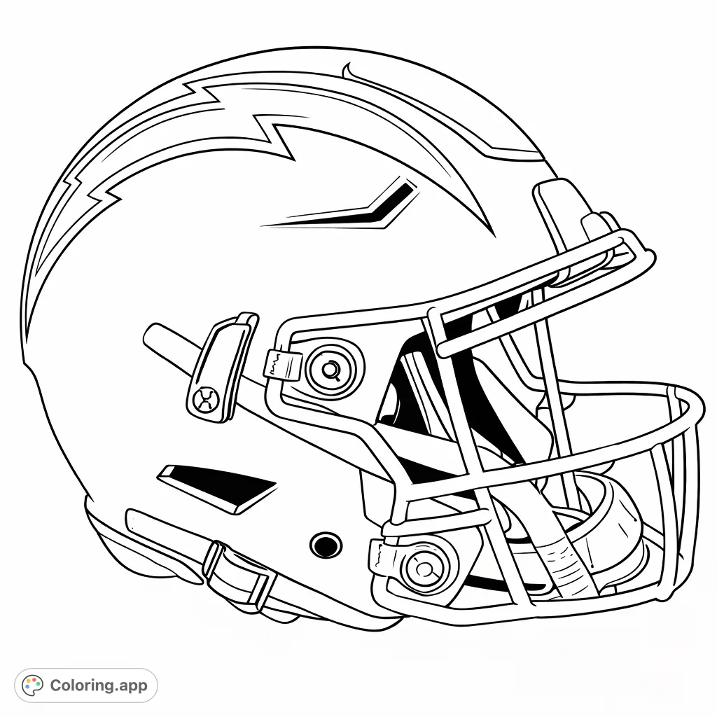 Color this dynamic Los Angeles Chargers football helmet, featuring a bold lightning bolt and sturdy face mask. A free printable for sports fans, offering a thrilling coloring experience.
