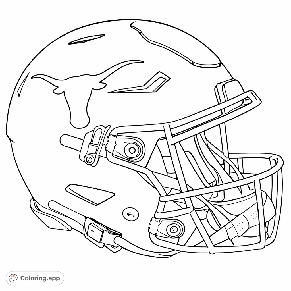 Color this dynamic Longhorn football helmet! Featuring a detailed face mask, iconic logo, and modern design, it's perfect for sports fans.