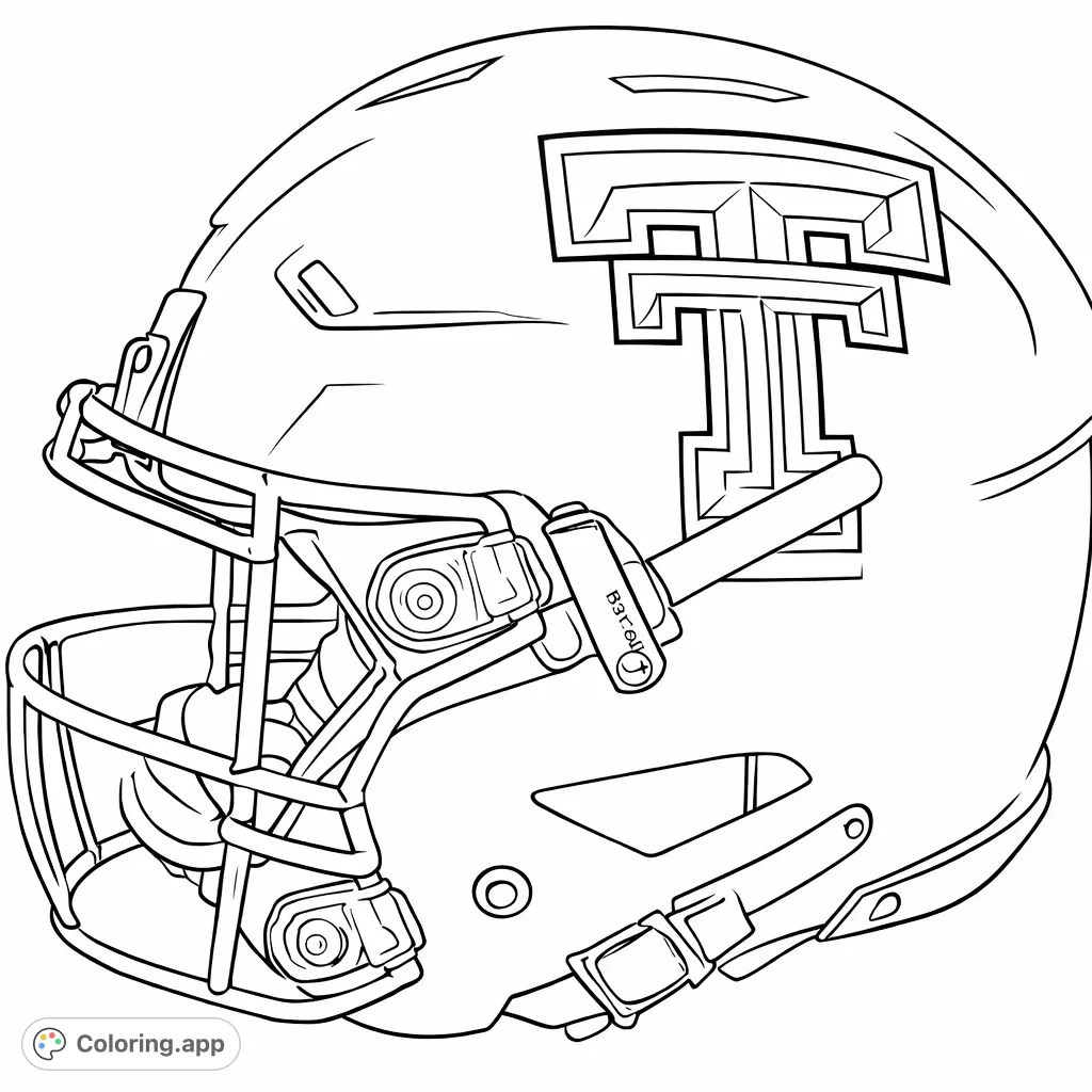 Color a detailed football helmet featuring a distinct team logo and intricate face mask. Perfect for sports fans to customize with their favorite team colors.