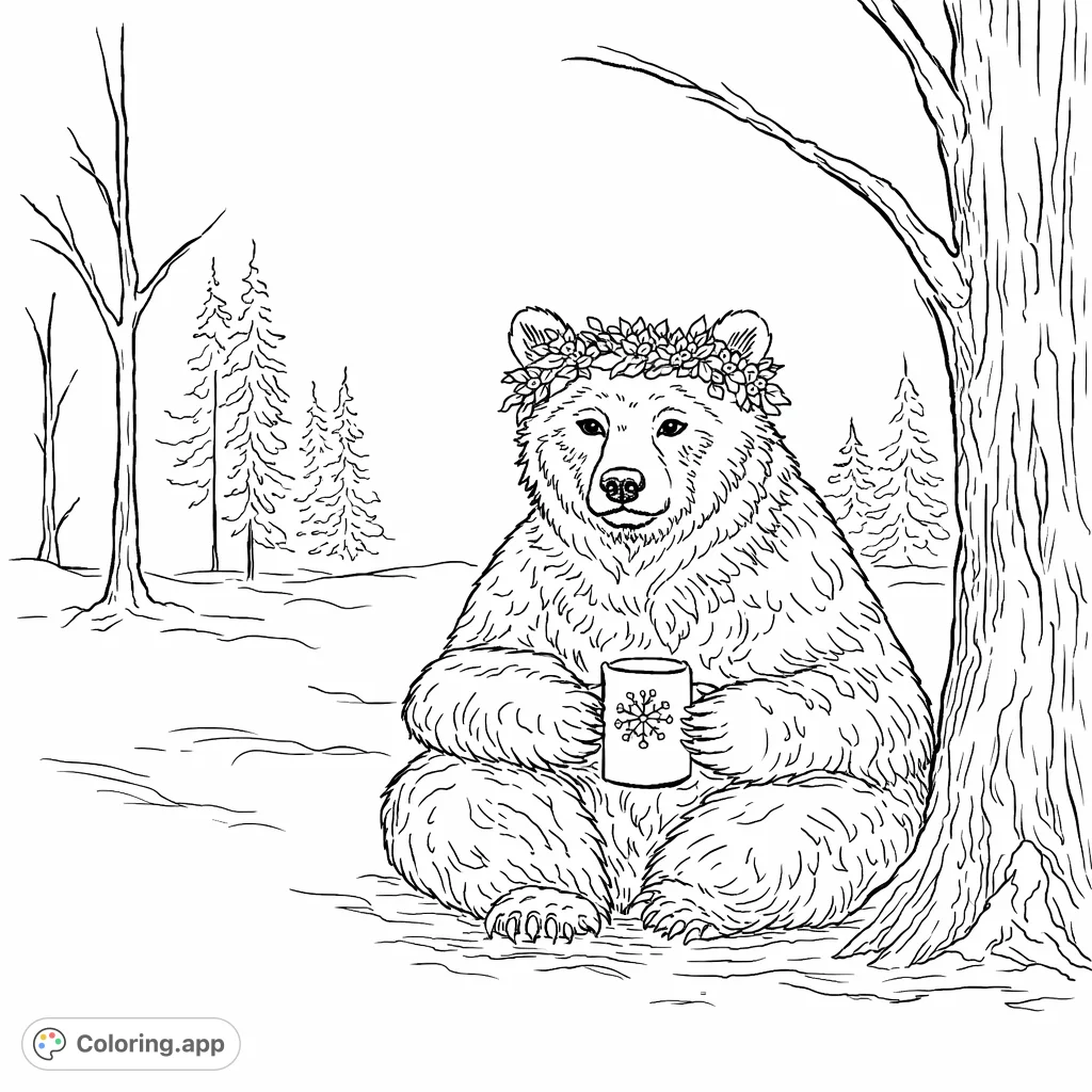 A charming bear wearing a festive wreath, enjoying a warm drink in a peaceful snowy forest scene. Perfect for winter cheer and relaxation.