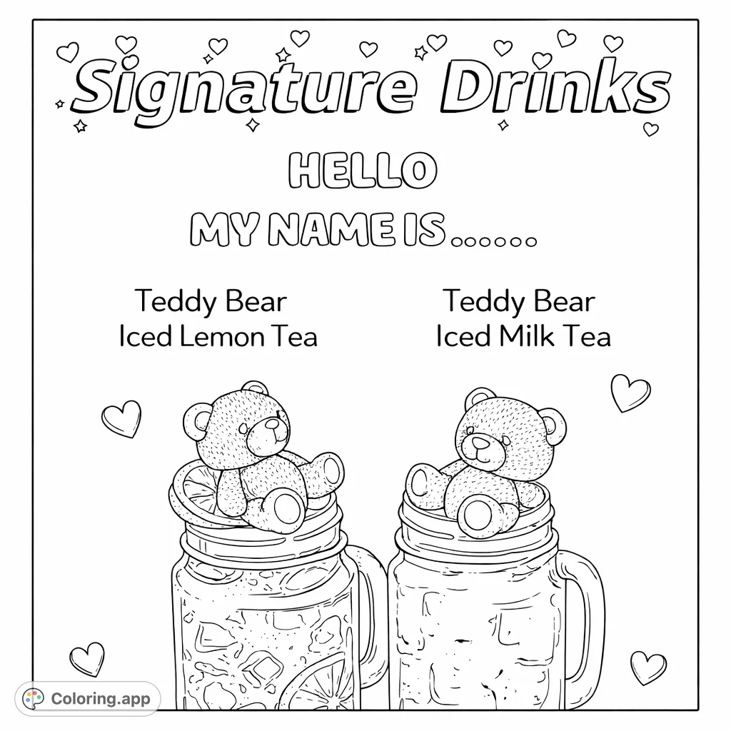 Two delightful drinks topped with adorable teddy bear ice cubes, ready for a splash of your favorite shades. A sweet and fun coloring adventure!