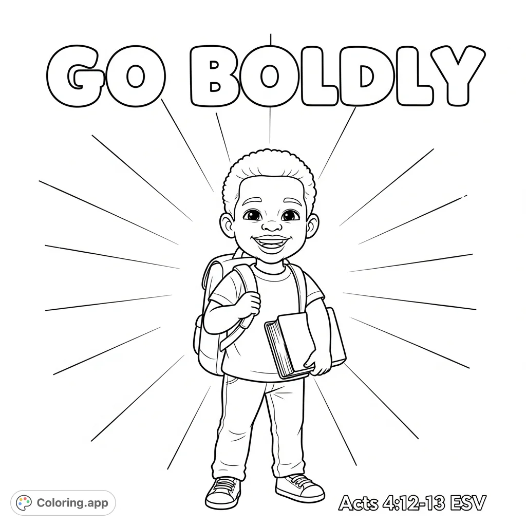 A happy African American child with a Bible and backpack, standing confidently amidst radiating light rays. Features "GO BOLDLY" in bubble letters and scripture.