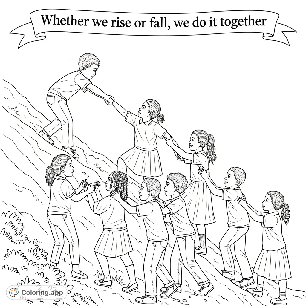 An inspiring coloring page of African American children helping each other climb a hill, embodying teamwork and unity. Features text "Whether we rise or fall, we do it together".