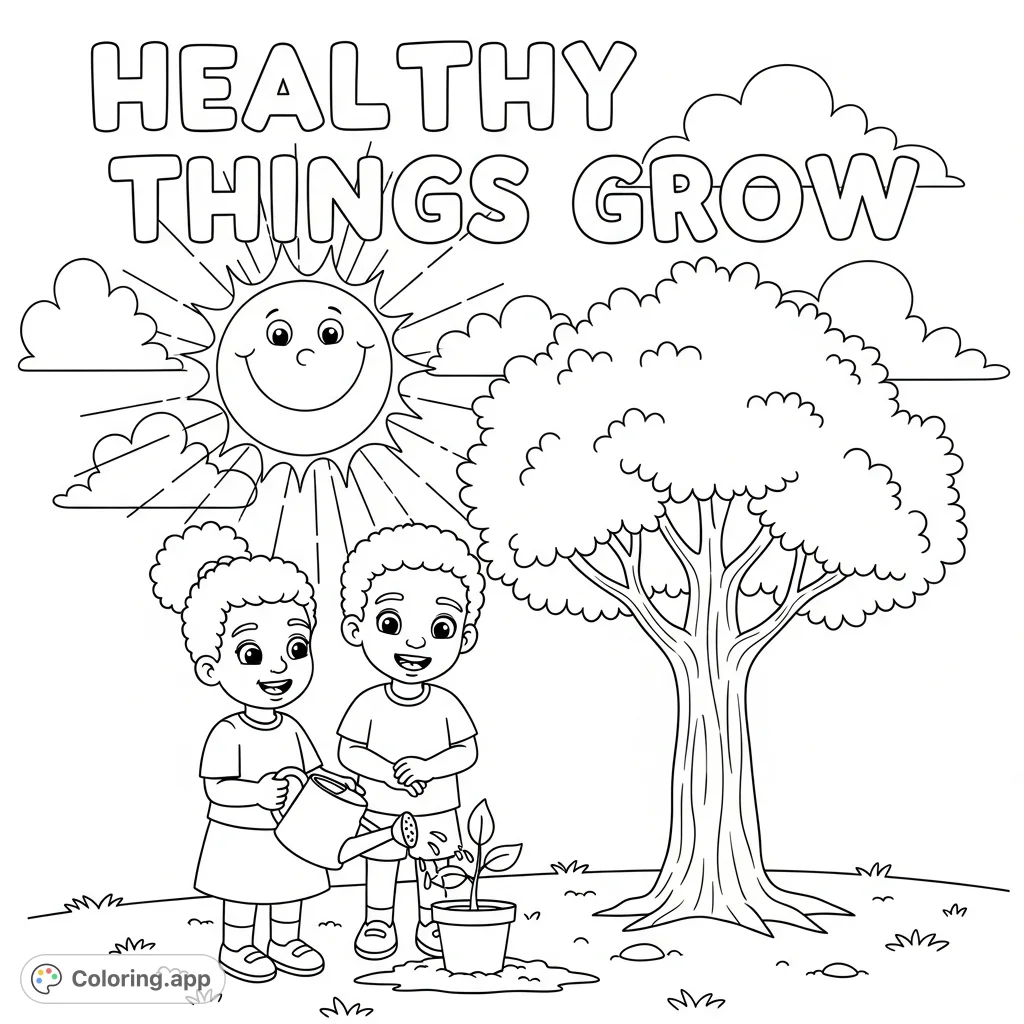A heartwarming growth coloring page featuring African American children nurturing a plant into a grand tree under a smiling s...