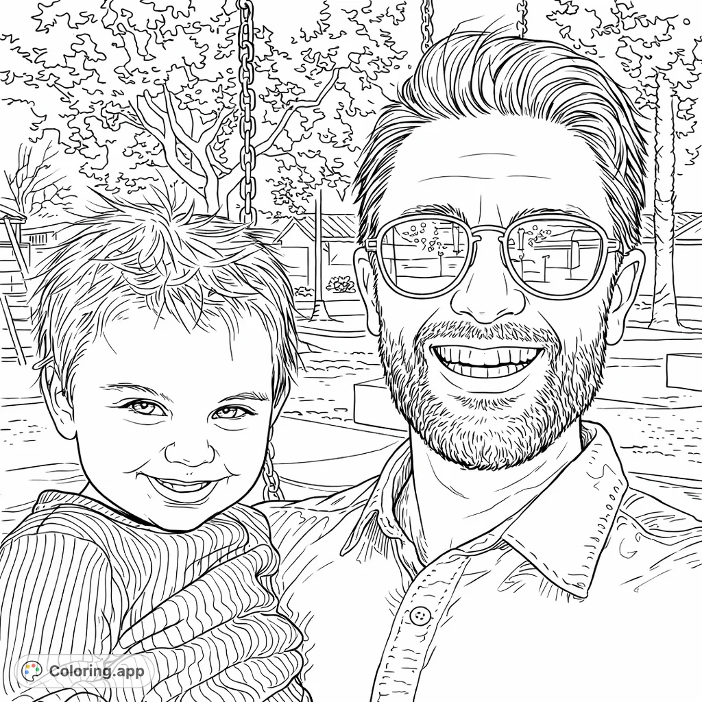 A heartwarming father and child coloring page, capturing a joyful moment outdoors. Features smiling faces, detailed clothing, and a subtle park background for creative expression.