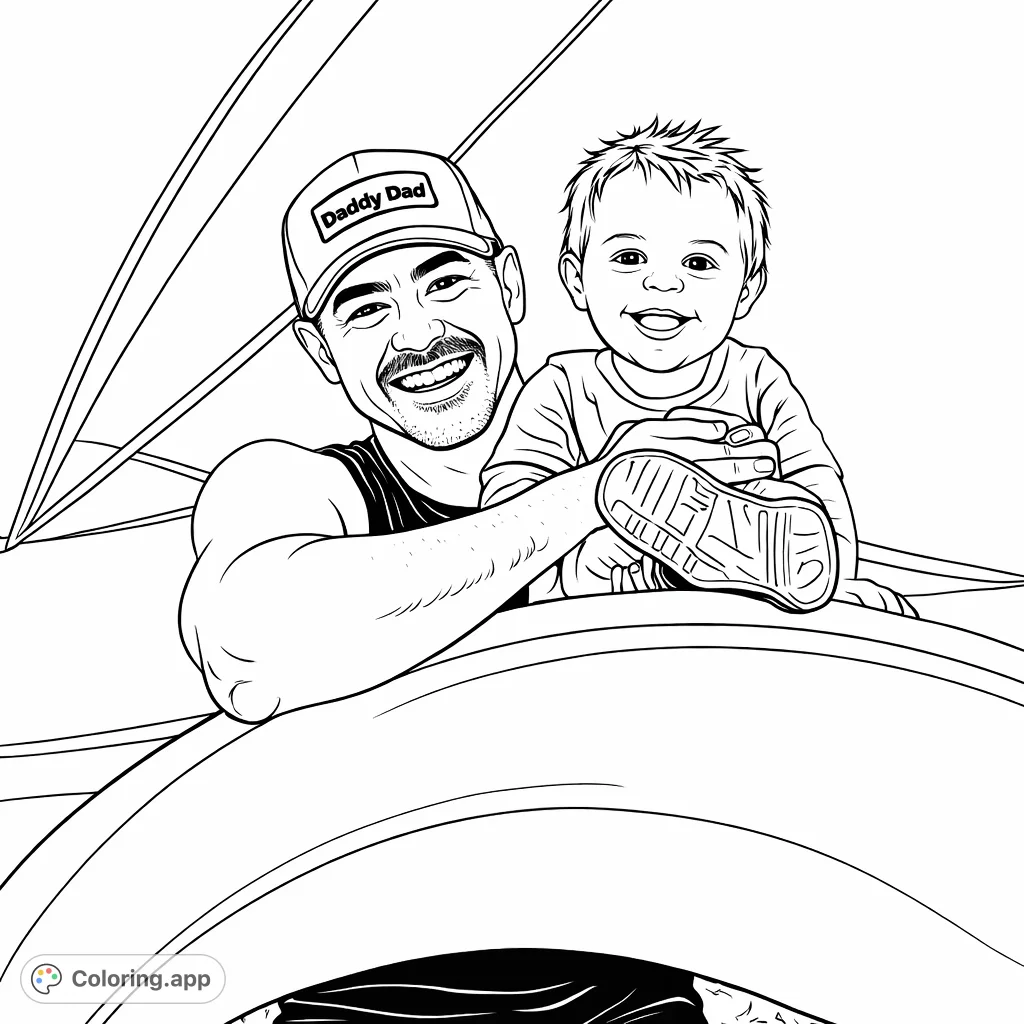 Capture the heartwarming bond of a father and child on a playground. This joyful scene features a smiling dad holding his happy toddler on a slide, perfect for family coloring.