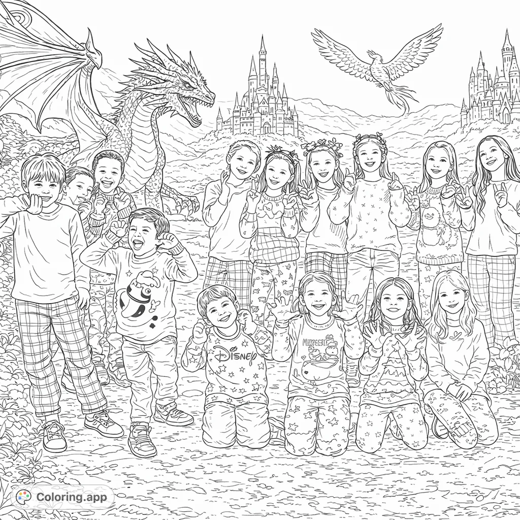 Join a playful group of children surrounded by a fantastical world with a majestic dragon, soaring phoenix, and grand castles. A magical adventure awaits!