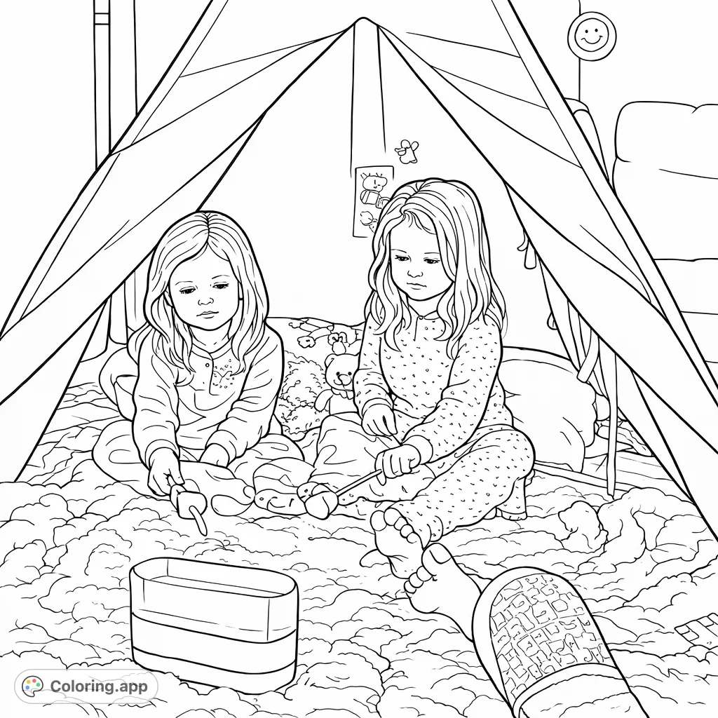 A delightful coloring page featuring two children and a chicken inside a cozy play tent, roasting marshmallows over a glowing lantern. Perfect for imaginative fun!