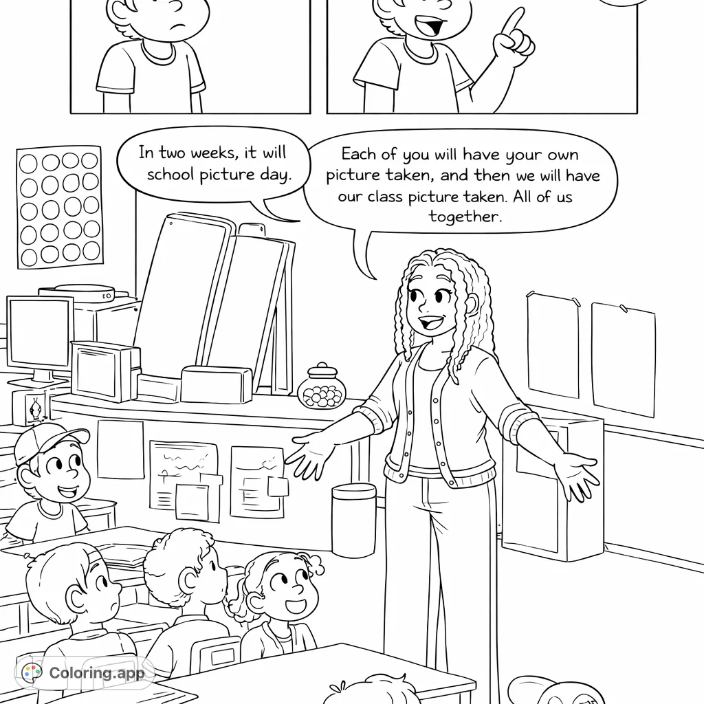 A friendly teacher addresses an attentive class, announcing picture day amidst classroom decor. A fun, free printable classroom coloring page for kids!