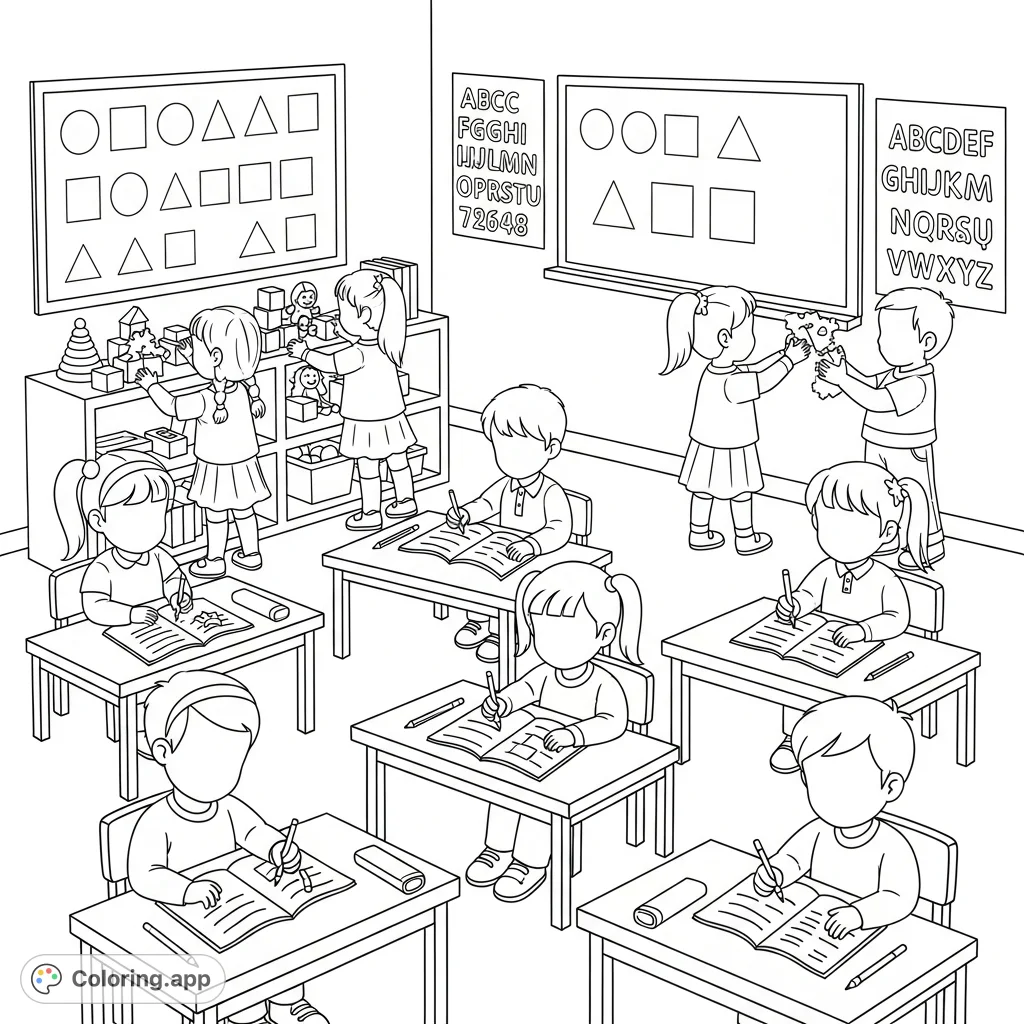 Explore a lively preschool classroom with students at desks and shelves. A unique preschool classroom coloring page, inviting creativity with blank faces for personalization.