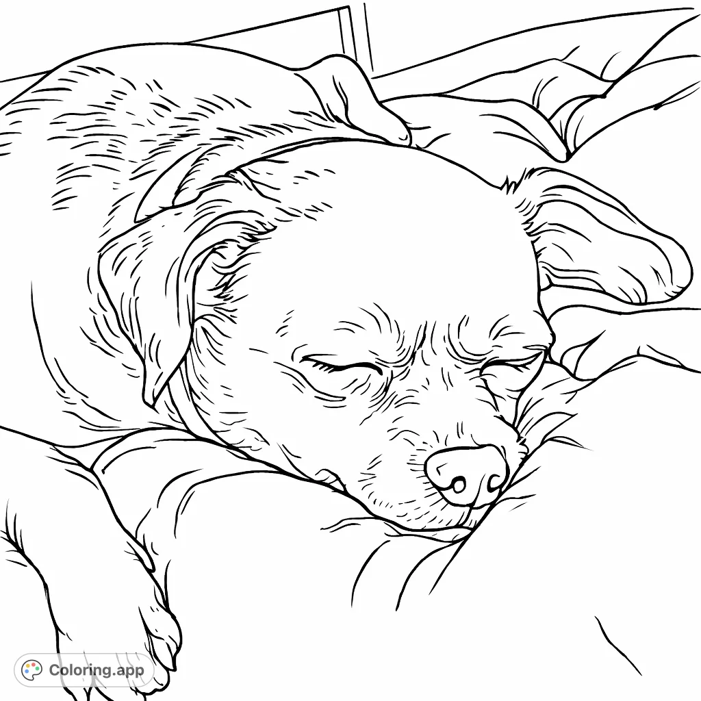 A sweet small dog peacefully asleep on a soft blanket, perfect for a relaxing coloring experience. Capture its cozy naptime with your favorite hues.