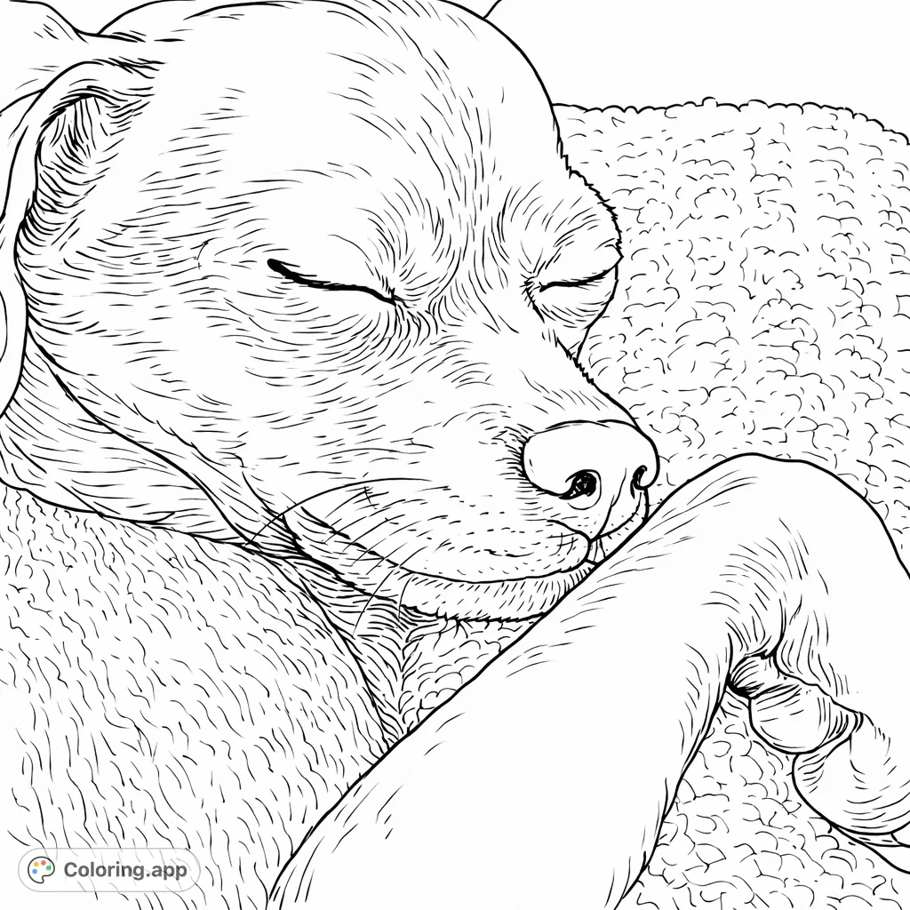 Find tranquility with this sleeping canine coloring page. A small dog rests softly on a textured blanket, inviting calm and creative expression.