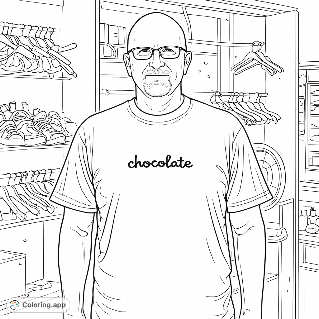 A friendly bald man wearing glasses and a "chocolate" t-shirt stands in a shop setting. A simple and engaging page for all ages to personalize.