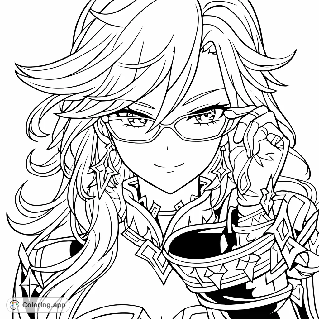 A cool character portrait featuring a person with voluminous hair, sunglasses adjusted by a gloved hand, and intricate attire, perfect for detailed coloring.