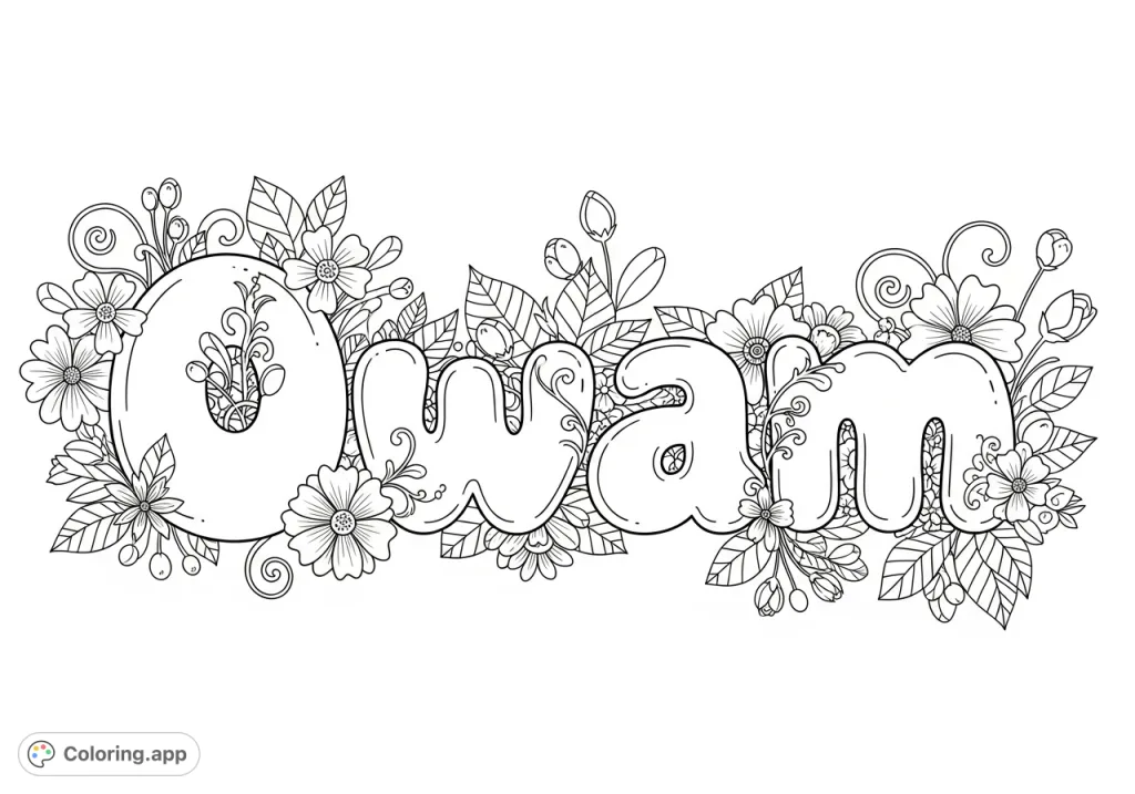 A charming Owam coloring page featuring playful bubble letters adorned with intricate floral designs, perfect for personalized art or a thoughtful gift.