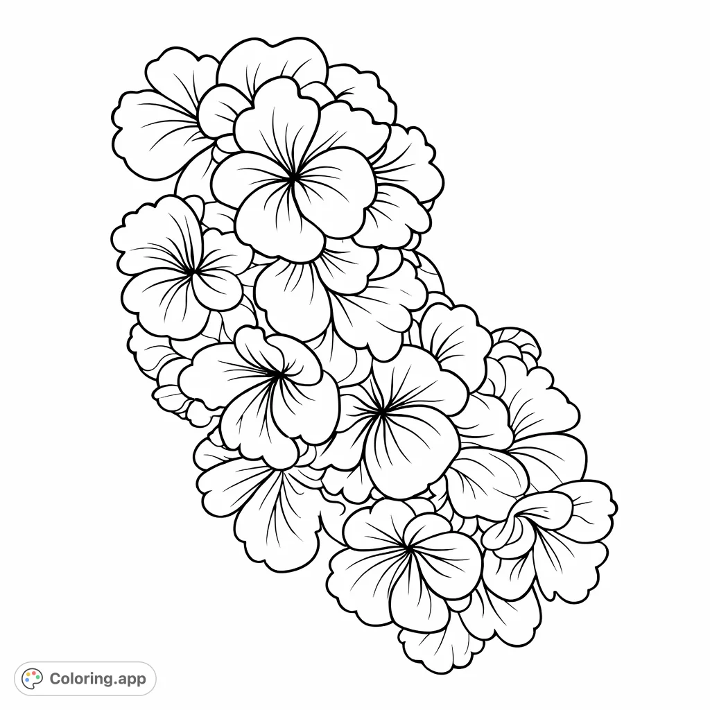 Immerse yourself in a beautiful, dense floral arrangement featuring numerous overlapping blooms and intricate petals. Perfect for detailed and expressive coloring.