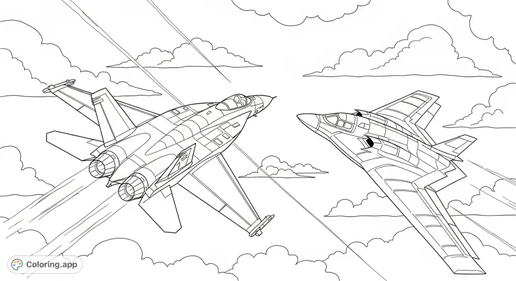 Experience an intense aerial dog fight! A sleek fighter jet challenges a stealth B-2 bomber amidst dynamic skies, perfect for aviation and action enthusiasts.