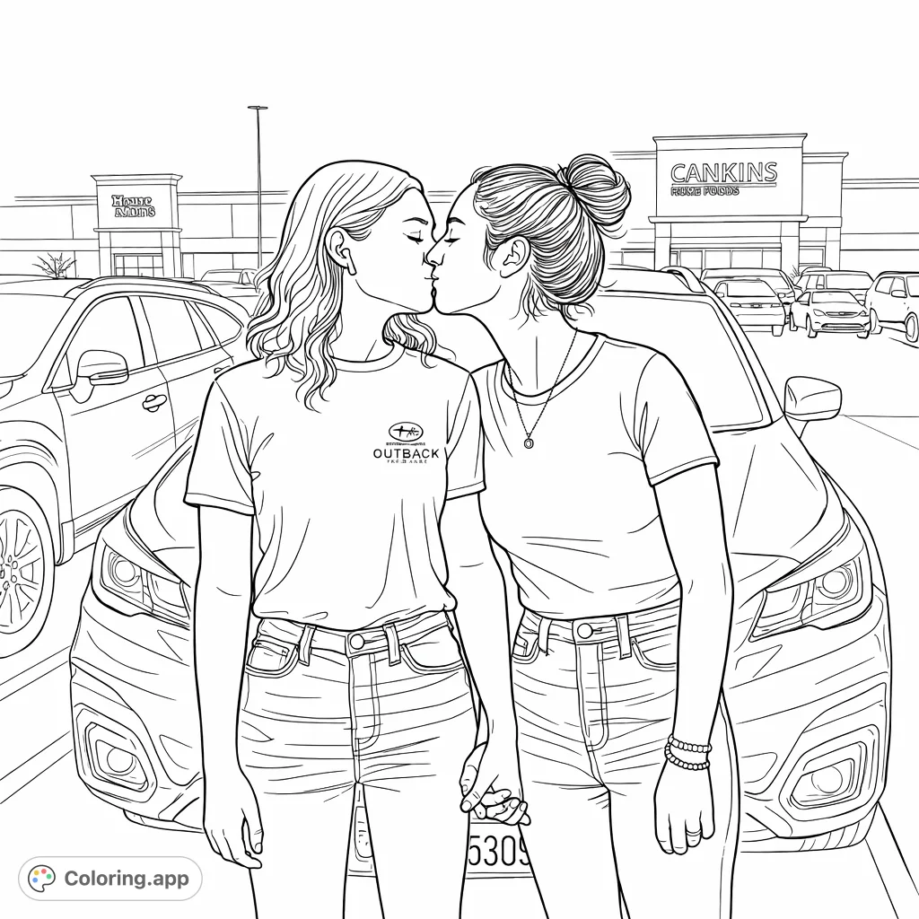 Capture a tender moment of a loving couple sharing a kiss and holding hands in a bustling parking lot. Perfect for expressing affection and connection.