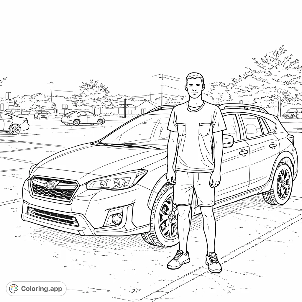 A detailed coloring page featuring a young man proudly standing next to a contemporary SUV in a parking lot, ready for your creative touch.
