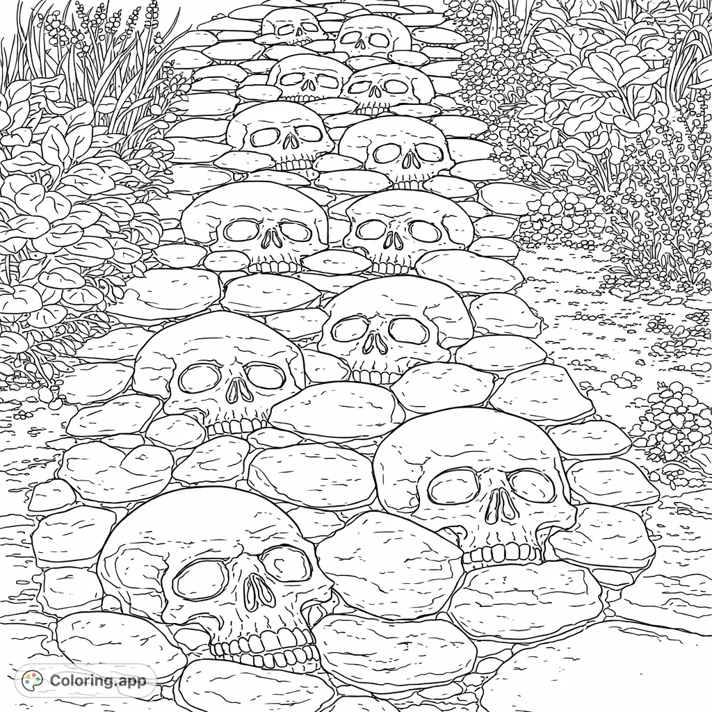 A winding garden path crafted from detailed skull-shaped stones and rough rock, surrounded by lush foliage for a unique, spooky coloring challenge.