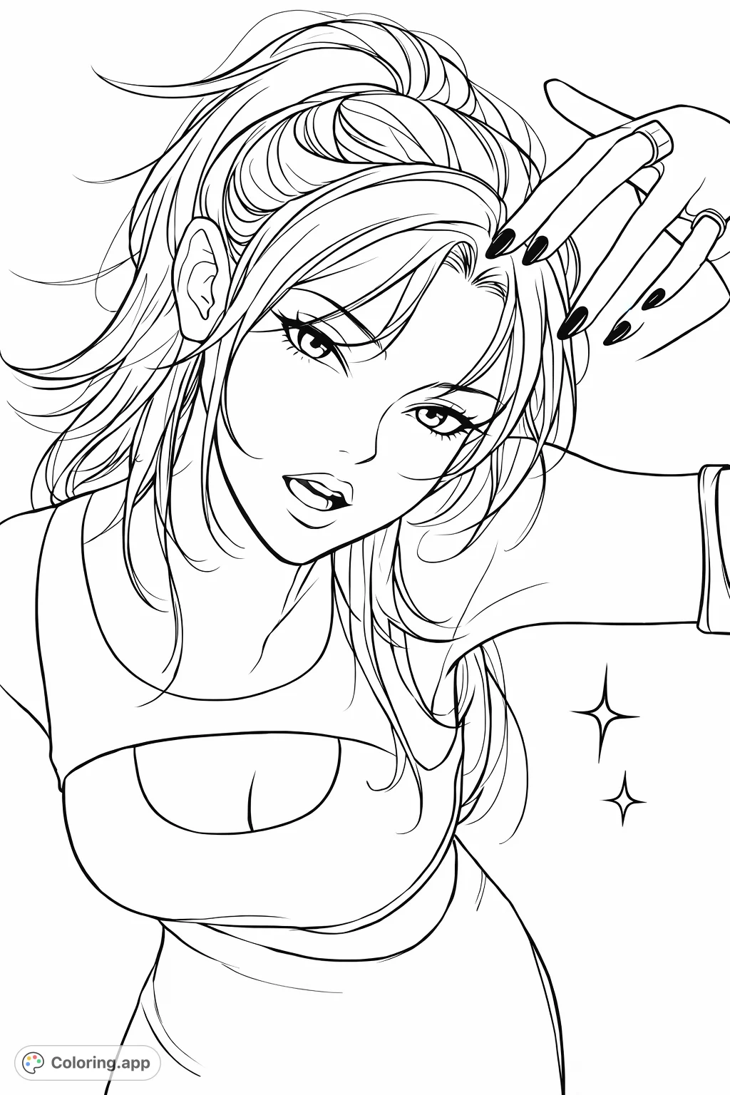 Unleash your creativity with this glamorous stylized portrait coloring page featuring a confident female figure. Perfect for fashion enthusiasts and art lovers.