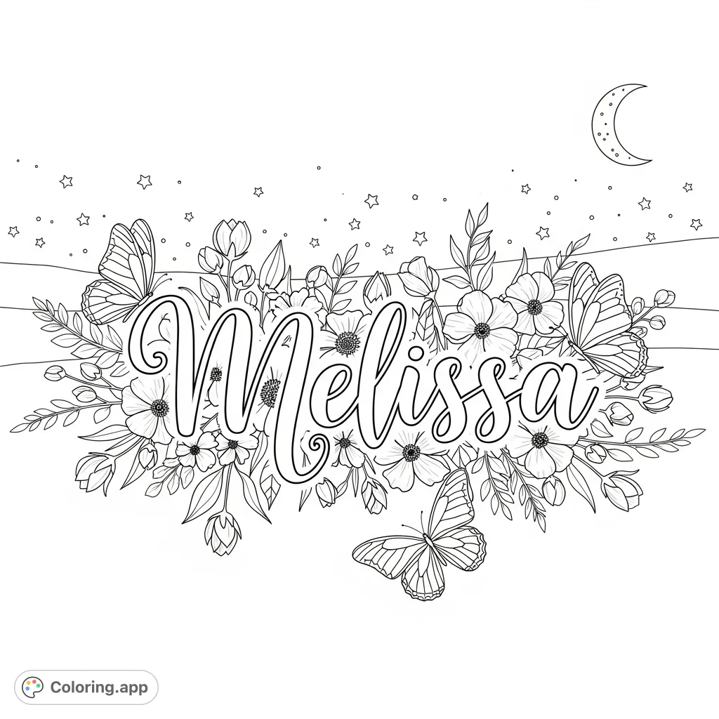 A serene Melissa coloring page featuring the name in elegant calligraphy, surrounded by a delicate array of flowers, butterflies, and a starry night sky. Perfect for personalization.