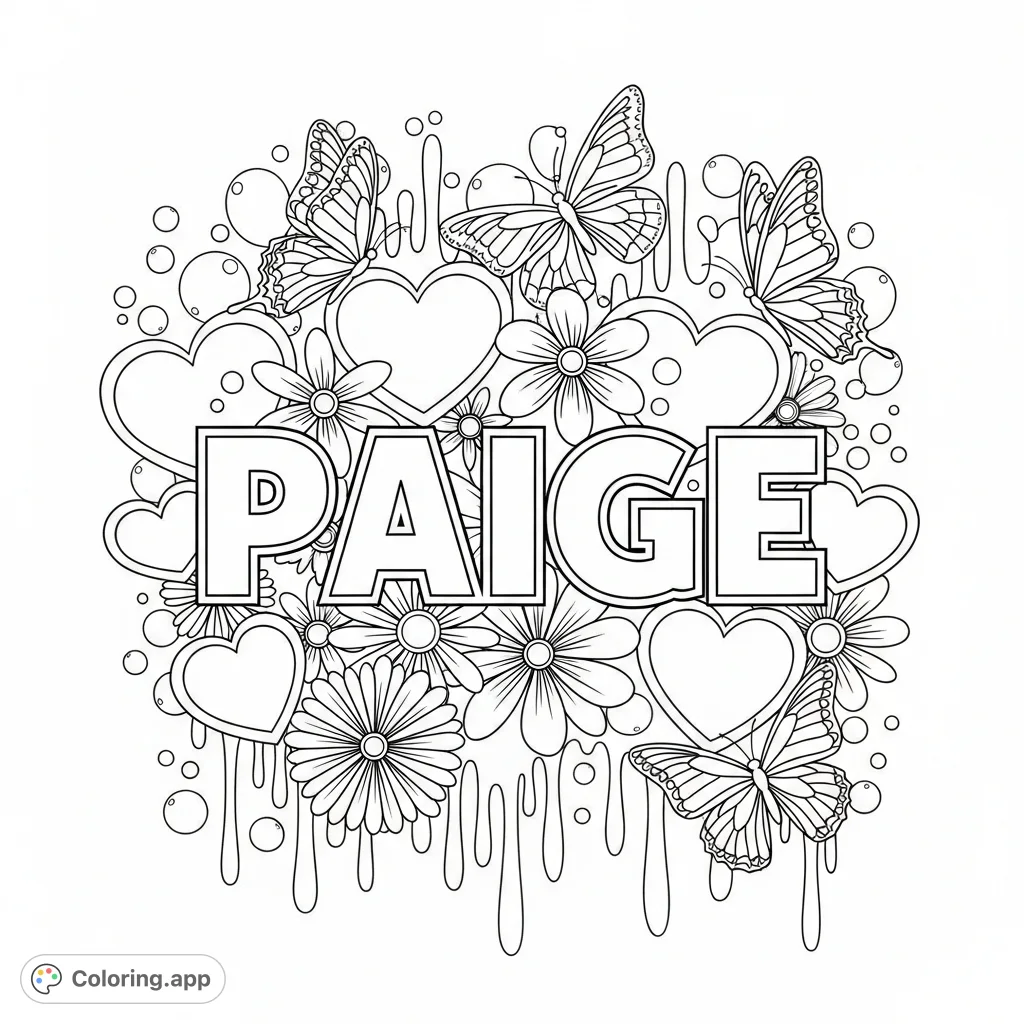 A dynamic urban art coloring page featuring the bold name 'Paige' surrounded by hearts, flowers, and butterflies, set against bubbly and dripping background elements.