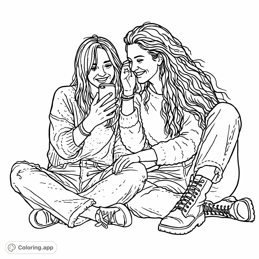 Capture a joyful moment with this friends coloring page featuring two young women laughing together while looking at a smartphone, perfect for teens and young adults.