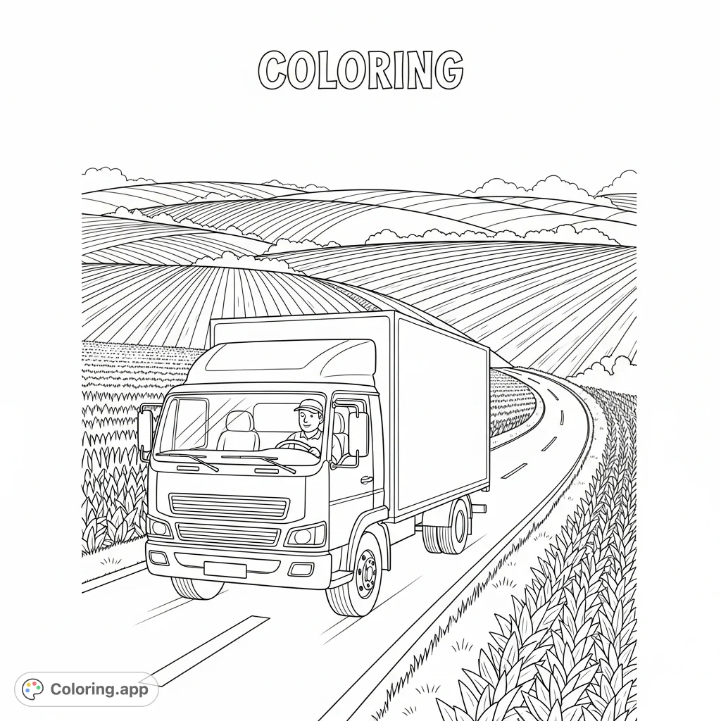 A delivery truck with its driver on a scenic farm road, flanked by fields of crops. A charming rural scene for a fun coloring adventure.