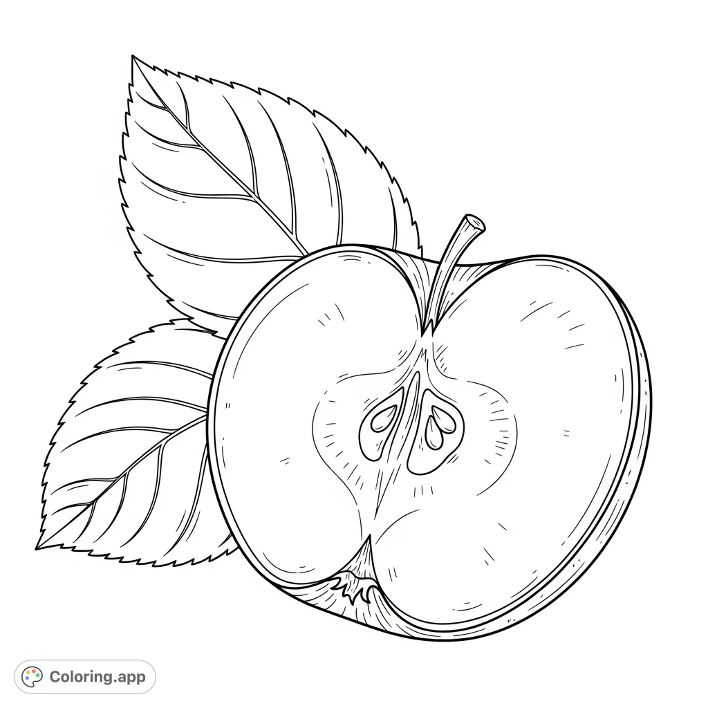 A refreshing apple slice with visible seeds, accompanied by delicate leaves. This free printable apple coloring page is perfect for simple, delightful coloring.