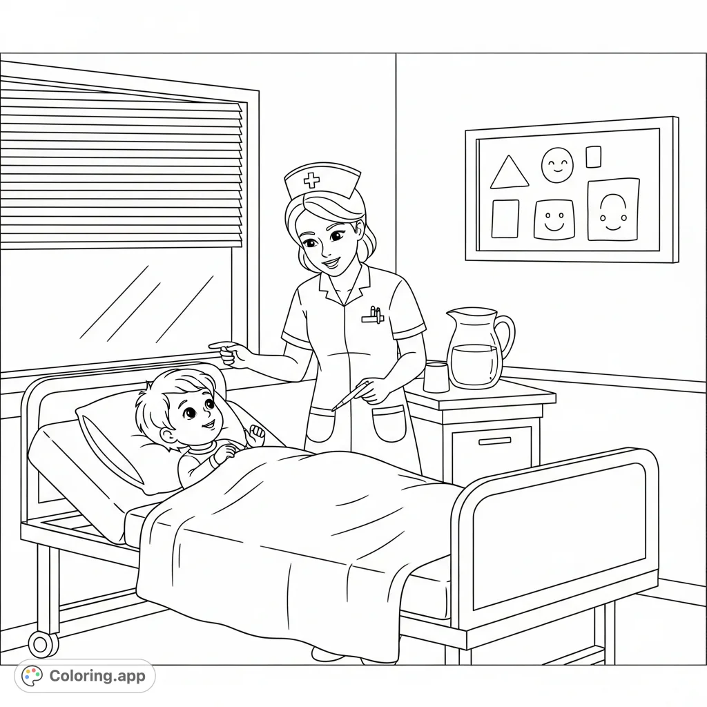 A heartwarming nurse coloring page featuring a kind nurse tending to a child in a hospital bed, offering comfort and care. Perfect for coloring pages for kids.