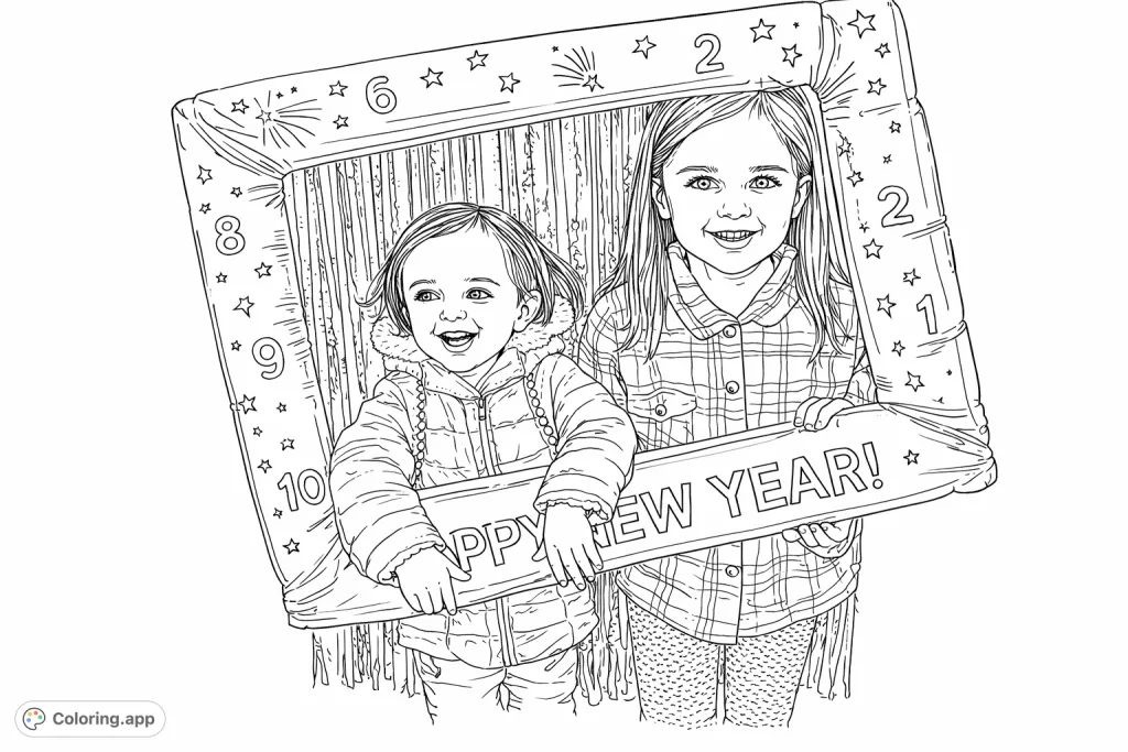 Two cheerful girls pose with a fun New Year's frame, complete with numbers, stars, and celebratory text. A delightful scene for festive coloring fun!