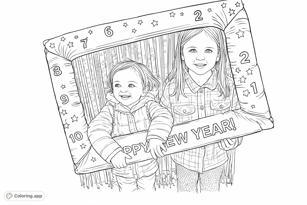 Two cheerful girls celebrating in a New Year photo booth with a festive frame and sparkly backdrop. A joyful scene perfect for holiday coloring fun!