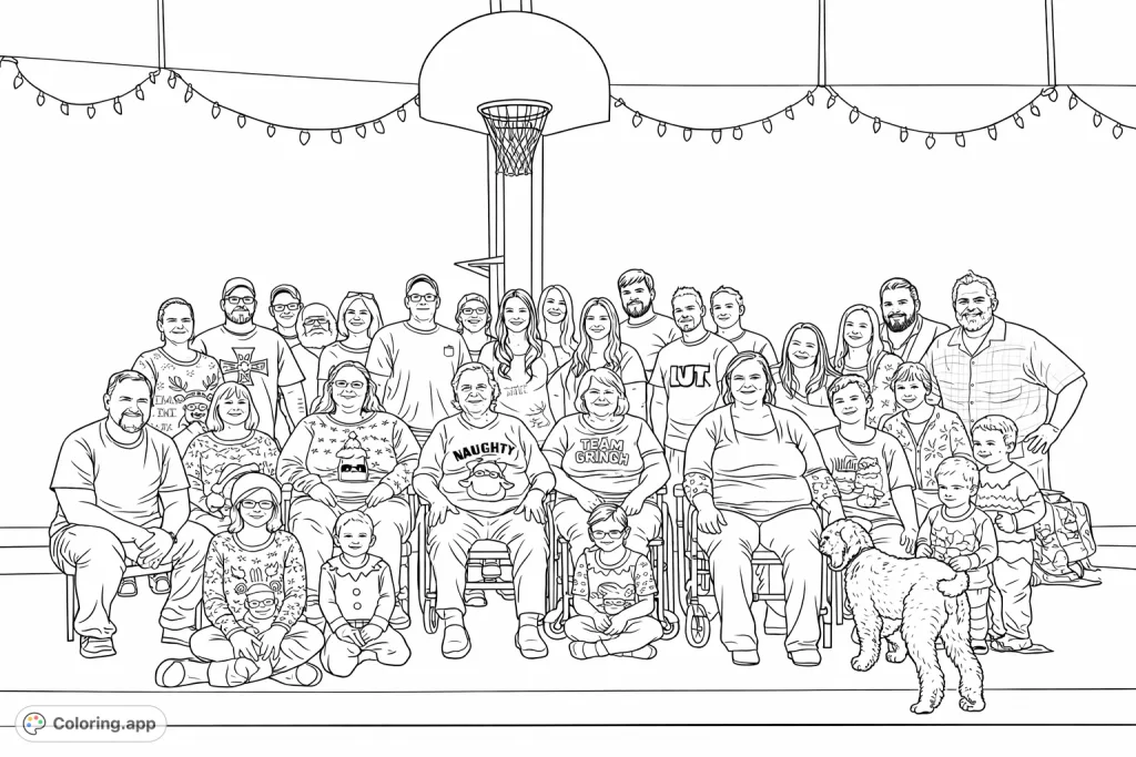 A diverse group of people and a dog in festive attire pose for a memorable gathering, featuring decorative garments and a playful atmosphere.