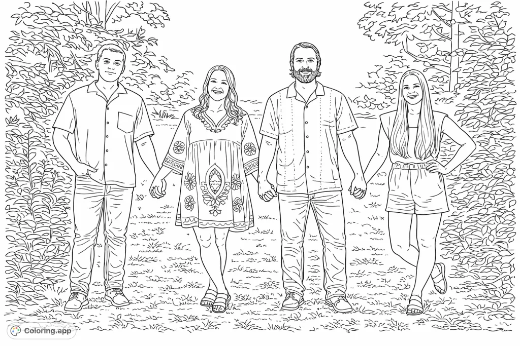 Capture the warmth of family with this outdoor portrait featuring four individuals holding hands amidst natural foliage and trees. A heartwarming scene ready for your creative touch.
