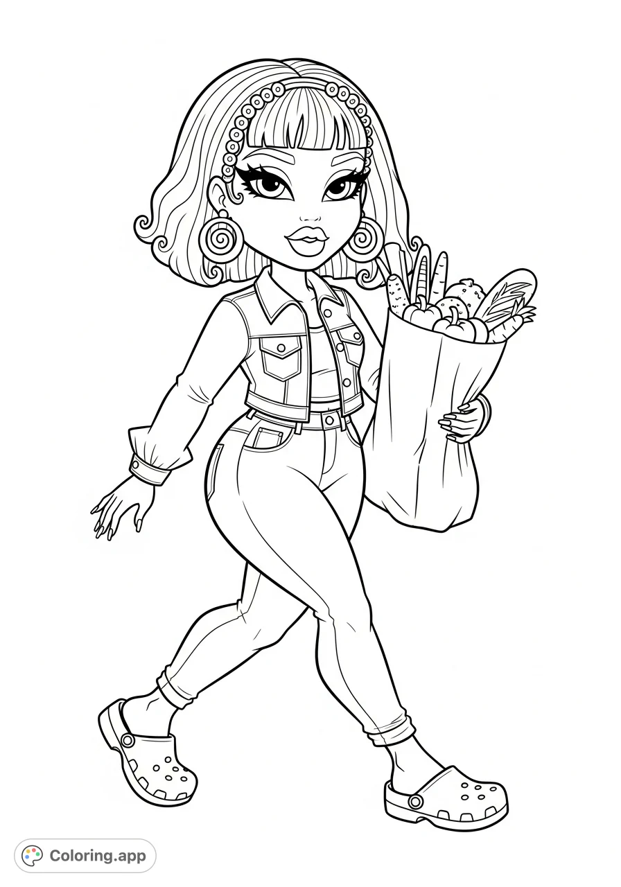 A stylish, curvy woman with Bratz-like eyes and bob twists walks with a grocery bag. She wears a jean jacket and clog-croc inspired shoes, featuring spiral earrings.