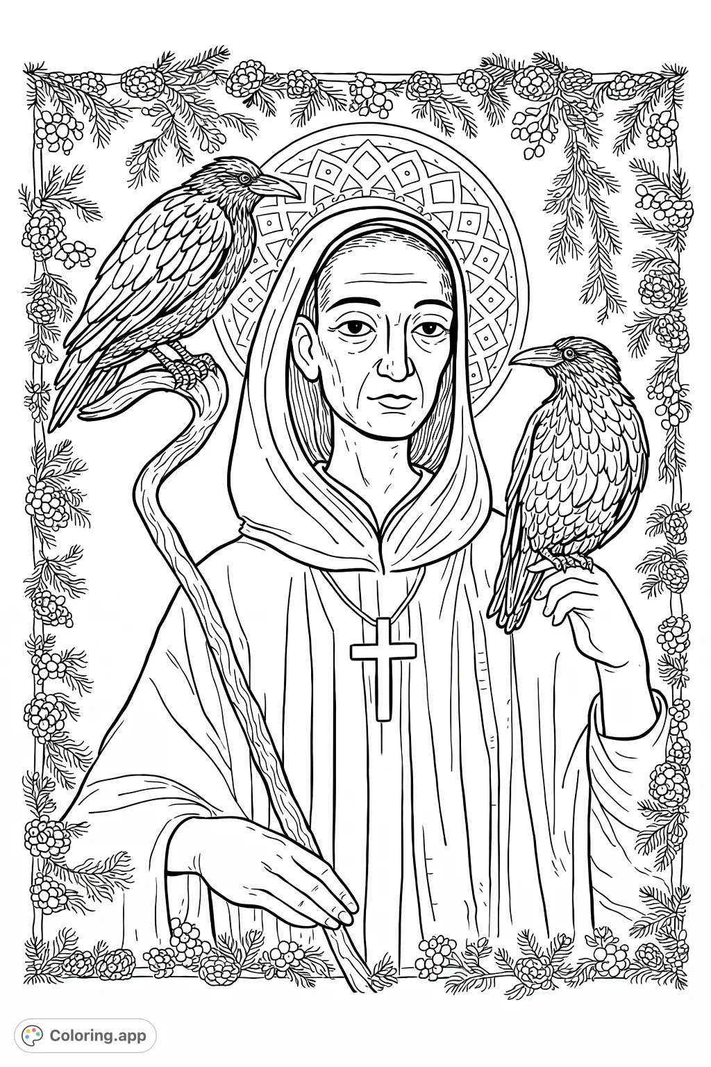 A hooded figure with a staff and two watchful ravens, framed by a festive wreath. A spiritual design perfect for mindful coloring.
