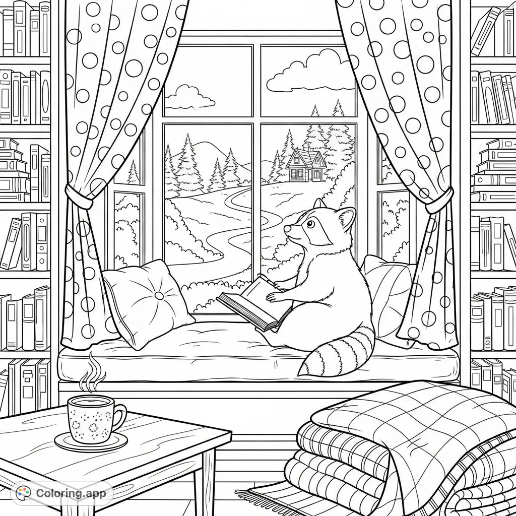 A curious raccoon enjoys a peaceful moment, gazing from a grand bay window at a cozy cottage, surrounded by books and soft blankets.