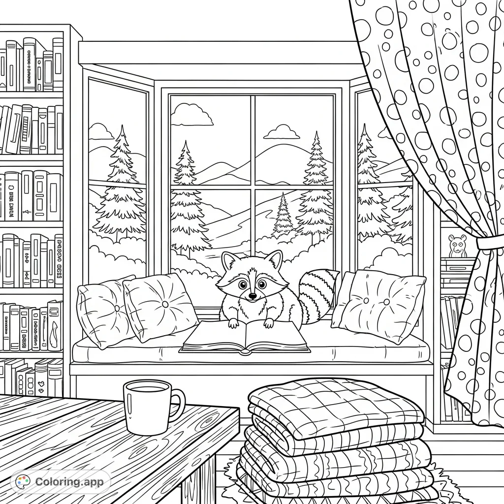 A charming scene features a curious raccoon with a storybook in a cozy window seat, surrounded by books and a scenic vista, inviting imagination.