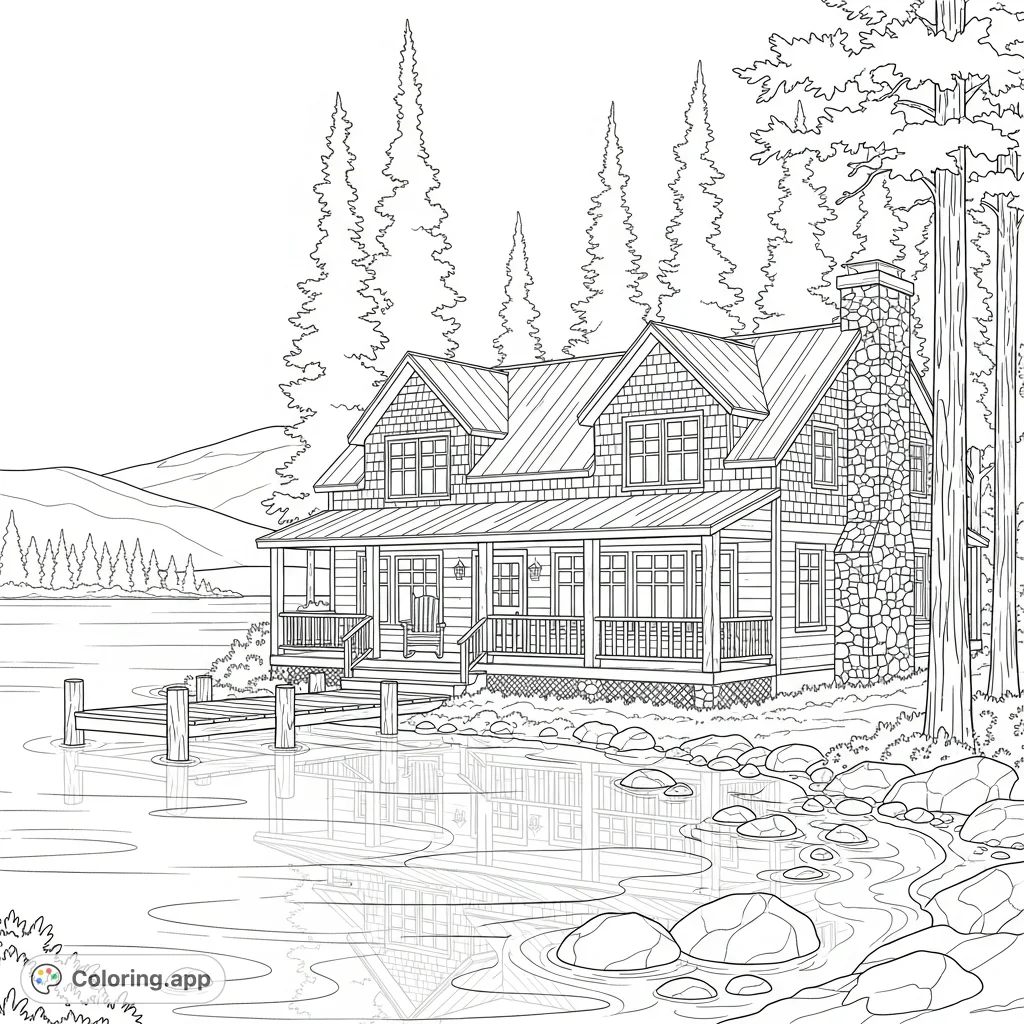 Explore a picturesque lake house coloring page, featuring a charming dwelling, a serene lake with reflections, and a tranquil natural setting. Free printable!