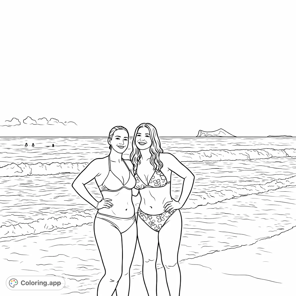 Capture the joy of friendship on a tropical beach. Two smiling women pose by gentle waves, with distant islands under a clear sky.
