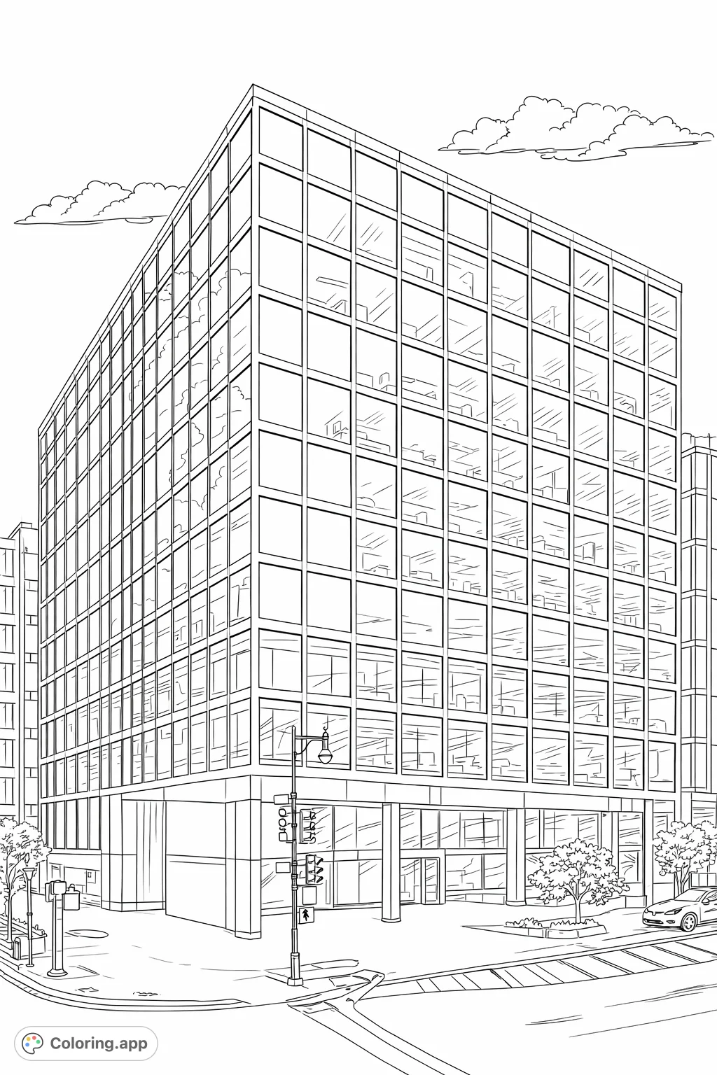 Explore a modern glass building coloring page with intricate window grids and street details. Perfect for architecture enthusiasts and those who enjoy detailed urban scenes.