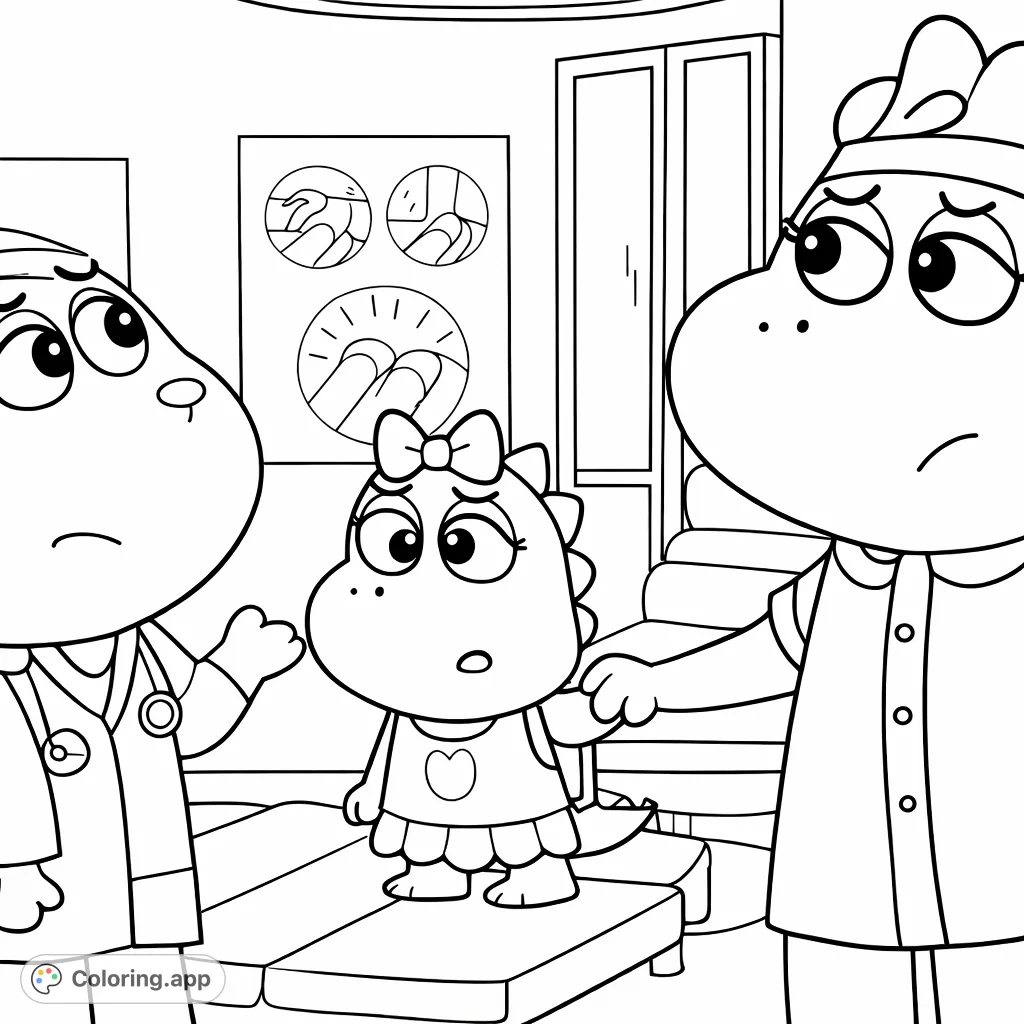 A cartoon doctor consults with two dinosaur characters, one a small patient, in a clinic setting. A fun, engaging scene perfect for young colorists.