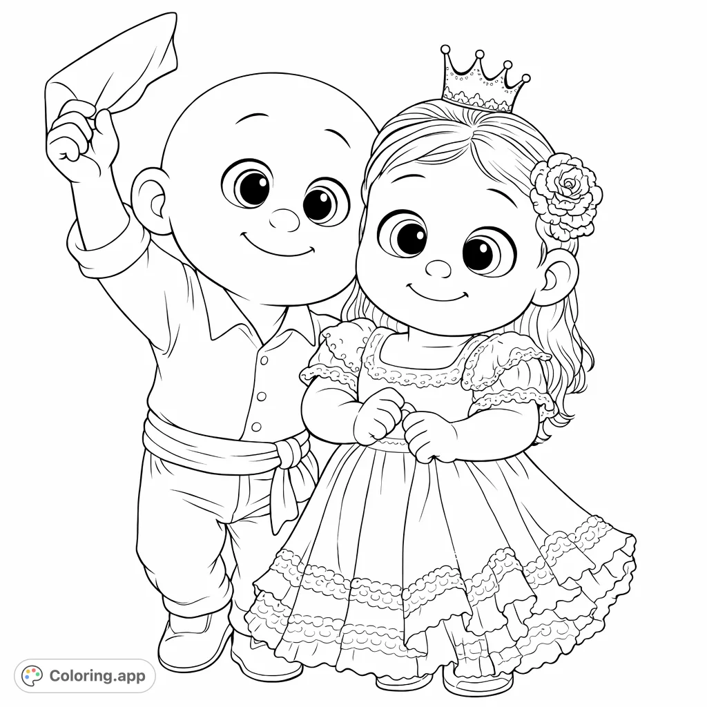 A delightful coloring page featuring two adorable, happy children in festive attire, perfect for imaginative coloring fun and creative expression.