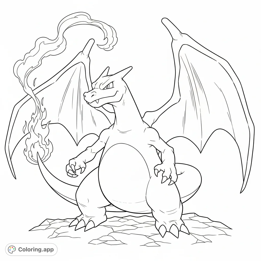Unleash your creativity with this mighty Charizard coloring page! Featuring its iconic wings, fiery tail, and powerful pose, ready for adventure.